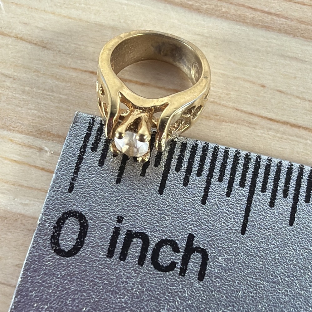 Vintage Avon Clear Birthstone Ring Charm Pendant Gold Tone Glass 0.5"